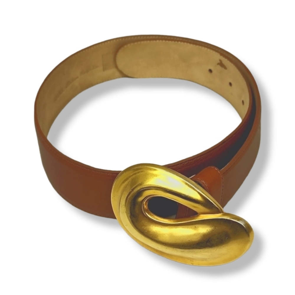 VINTAGE ROBERT LEE MORRIS Leather Belt Gold Swirl Buckle 80s Wearable Art Deco - Picture 10 of 16